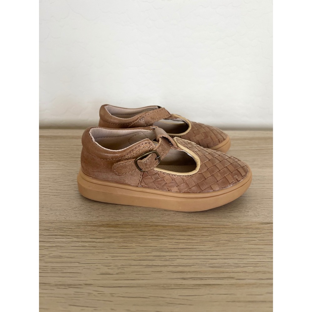Consciously Baby Leather Woven T-Bar Sandals Walnut Brown Toddler Size 8
